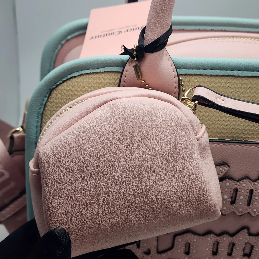 Juicy Couture Pink & Straw Satchel Bag NWT Logo Front Pocket + Coin Purse